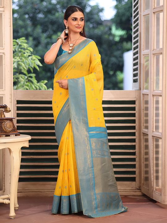 Yellow Woven Maheshwari Cotton Blend Saree With Blouse Piece