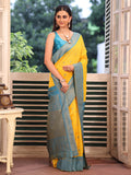 Yellow Woven Maheshwari Cotton Blend Saree With Blouse Piece