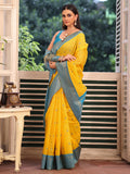 Yellow Woven Maheshwari Cotton Blend Saree With Blouse Piece