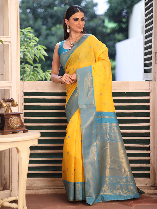 Yellow Woven Maheshwari Cotton Blend Saree With Blouse Piece