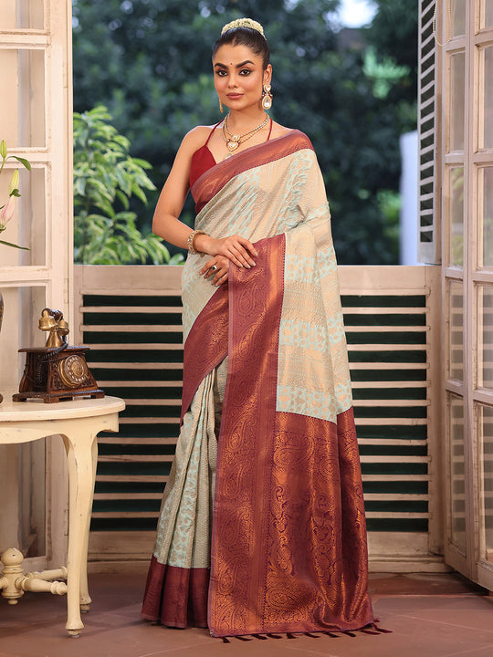 Beige Banarsi Silk Blend Woven Design Zari Saree With Blouse Piece