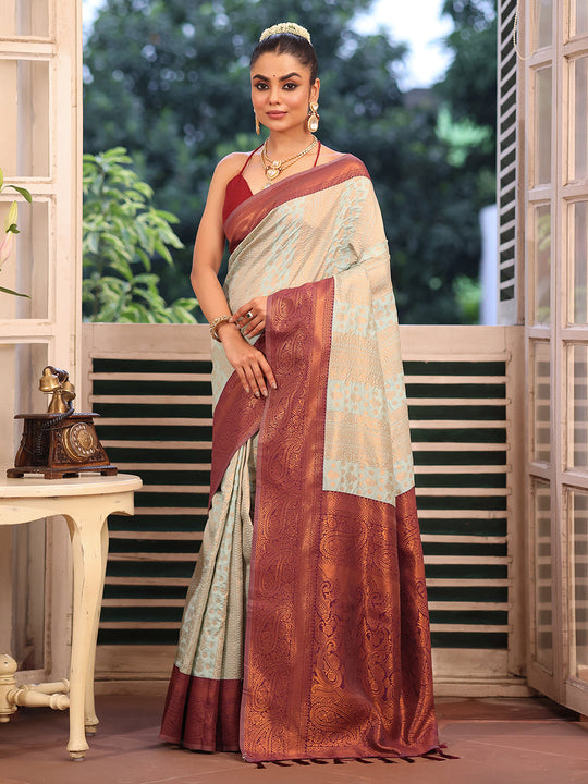 Beige Banarsi Silk Blend Woven Design Zari Saree With Blouse Piece