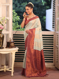 Beige Banarsi Silk Blend Woven Design Zari Saree With Blouse Piece