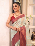 Beige Banarsi Silk Blend Woven Design Zari Saree With Blouse Piece