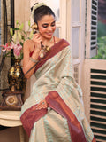 Beige Banarsi Silk Blend Woven Design Zari Saree With Blouse Piece