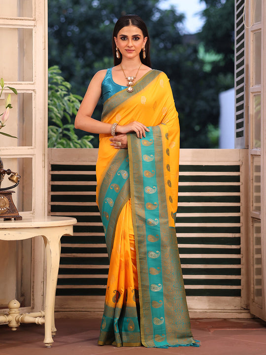 Mustard Banarsi Silk Blend Woven Design Zari Saree With Blouse Piece