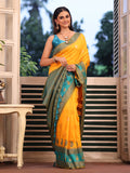 Mustard Banarsi Silk Blend Woven Design Zari Saree With Blouse Piece