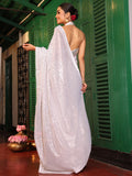 White Embellished Sequinned Pure Georgette Saree