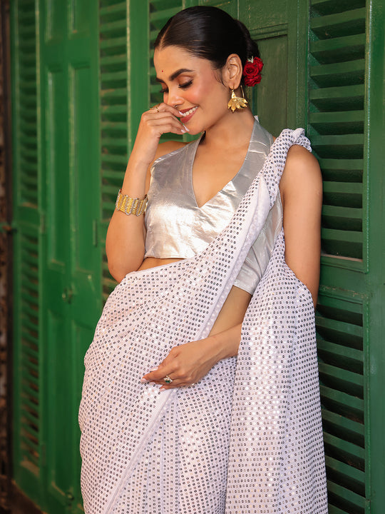 White Embellished Sequinned Pure Georgette Saree