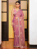 Pink Ethnic Motifs Zari  Embroidered Embellished Beads And Stones Work Tissue Saree