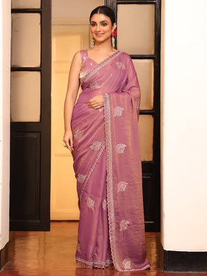 Pink Ethnic Motifs Zari  Embroidered Embellished Beads And Stones Work Tissue Saree