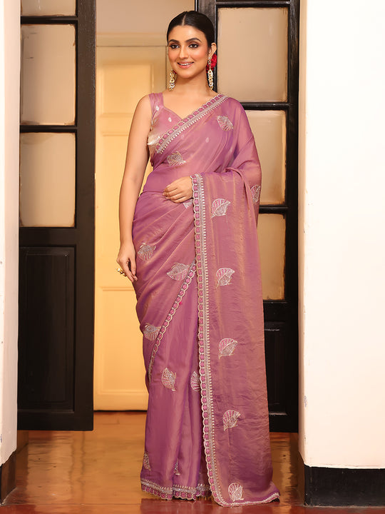 Pink Ethnic Motifs Zari  Embroidered Embellished Beads And Stones Work Tissue Saree