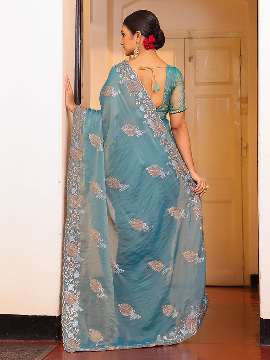 Blue Ethnic Motifs Zari Embroidered Embellished Tissue Saree