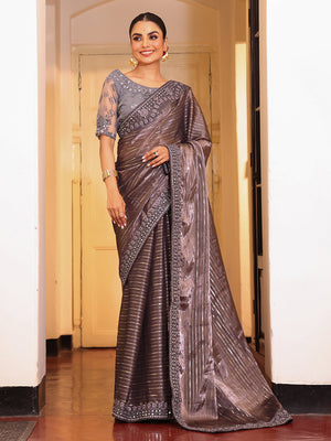 Grey Striped Embellished Tissue Heavy Work Saree