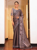 Grey Striped Embellished Tissue Heavy Work Saree