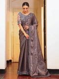 Grey Striped Embellished Tissue Heavy Work Saree