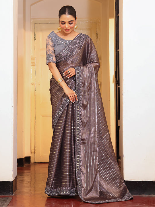 Grey Striped Embellished Tissue Heavy Work Saree