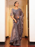 Grey Striped Embellished Tissue Heavy Work Saree