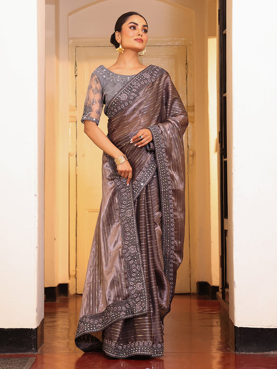 Grey Striped Embellished Tissue Heavy Work Saree