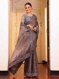 Grey Striped Embellished Tissue Heavy Work Saree