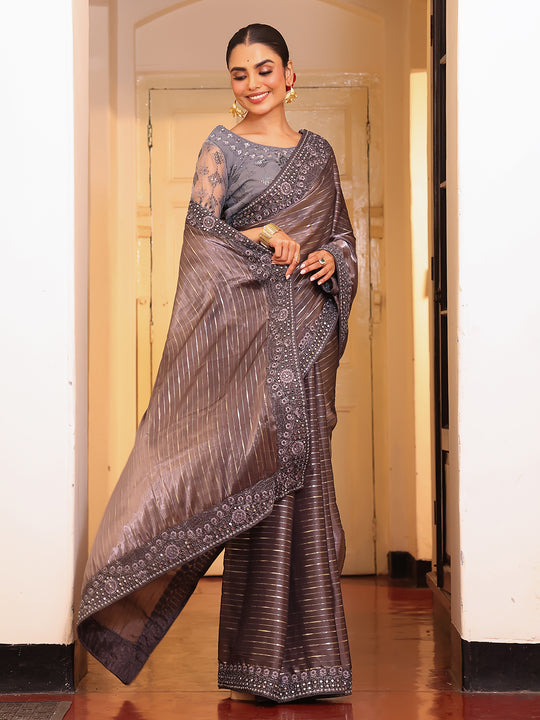 Grey Striped Embellished Tissue Heavy Work Saree