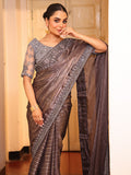 Grey Striped Embellished Tissue Heavy Work Saree