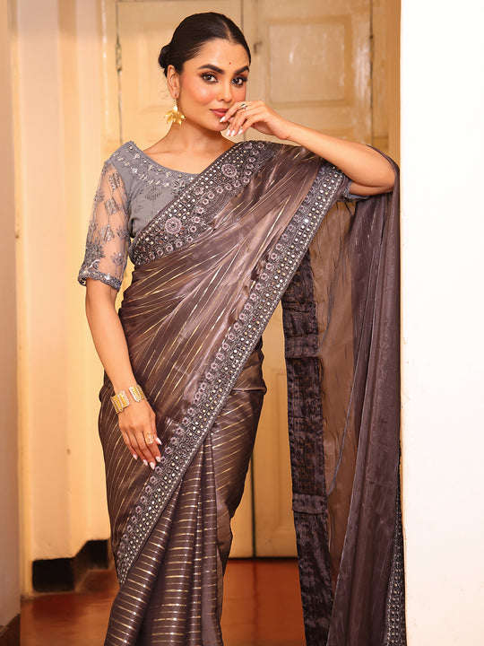 Grey Striped Embellished Tissue Heavy Work Saree