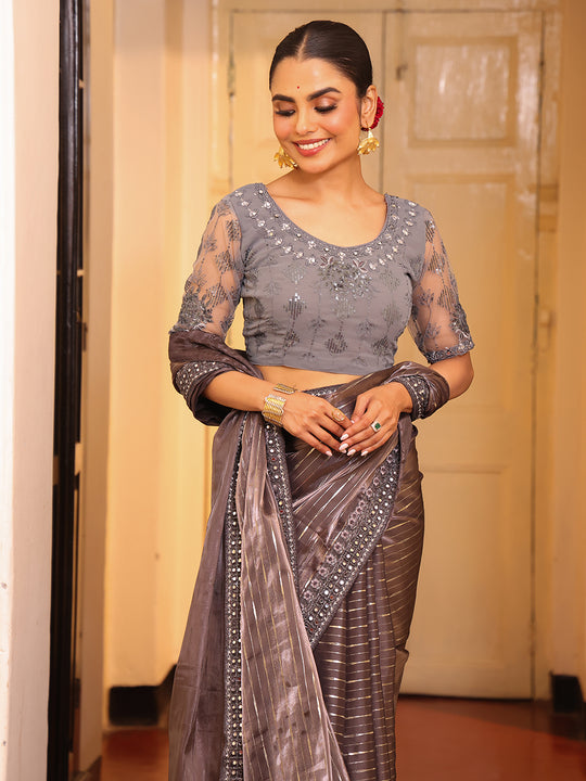 Grey Striped Embellished Tissue Heavy Work Saree