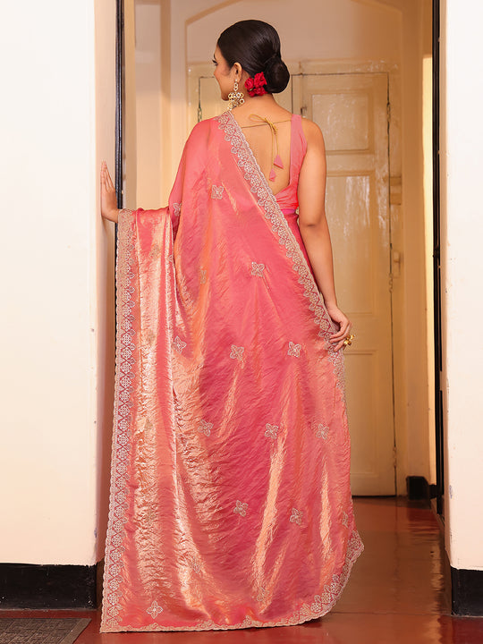 Pink Embellished Embroidered Tissue Saree