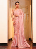 Pink Striped Embellished Tissue Heavy Work Saree