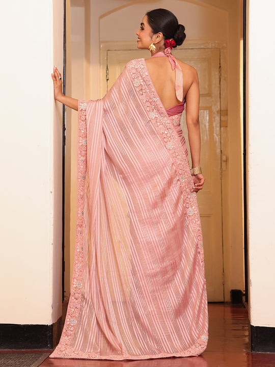 Pink Striped Embellished Tissue Heavy Work Saree