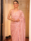 Pink Striped Embellished Tissue Heavy Work Saree