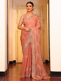 Peach Embellished Embroidered Saree With Blouse Piece