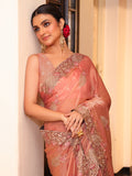 Peach Embellished Embroidered Saree With Blouse Piece
