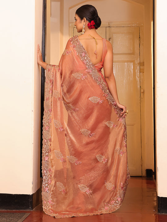 Peach Embellished Embroidered Saree With Blouse Piece