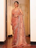 Peach Embellished Embroidered Saree With Blouse Piece