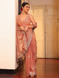 Peach Embellished Embroidered Saree With Blouse Piece