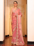Peach Ethnic Motifs Zari  Embroidered Embellished Beads And Stones Work Tissue Saree