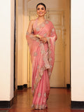 Peach Ethnic Motifs Zari  Embroidered Embellished Beads And Stones Work Tissue Saree