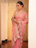 Peach Ethnic Motifs Zari  Embroidered Embellished Beads And Stones Work Tissue Saree
