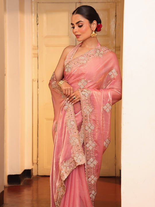 Peach Ethnic Motifs Zari  Embroidered Embellished Beads And Stones Work Tissue Saree