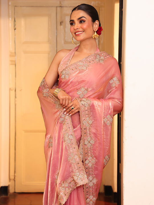 Peach Ethnic Motifs Zari  Embroidered Embellished Beads And Stones Work Tissue Saree