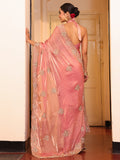 Peach Ethnic Motifs Zari  Embroidered Embellished Beads And Stones Work Tissue Saree