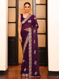 Wine Embellished Embroidered Satin Saree