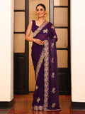 Wine Embellished Embroidered Satin Saree