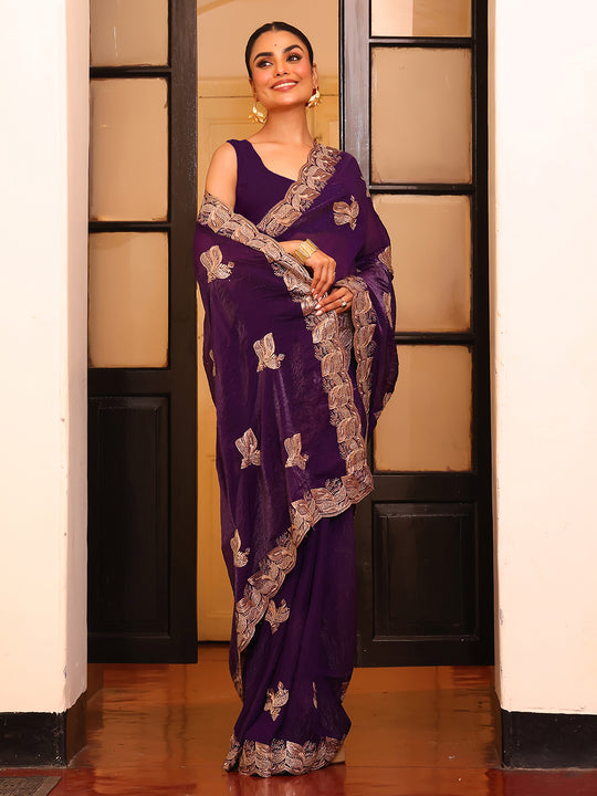 Wine Embellished Embroidered Satin Saree