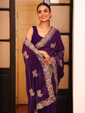 Wine Embellished Embroidered Satin Saree
