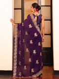 Wine Embellished Embroidered Satin Saree