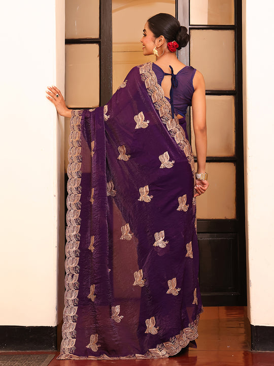 Wine Embellished Embroidered Satin Saree