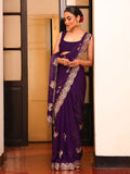 Wine Embellished Embroidered Satin Saree